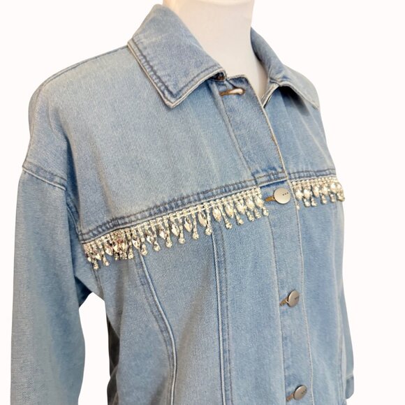 TGLA Denim Jacket Rhinestone Fringe Size M Light Wash Western Cowgirl Jean Coat - Picture 7 of 16